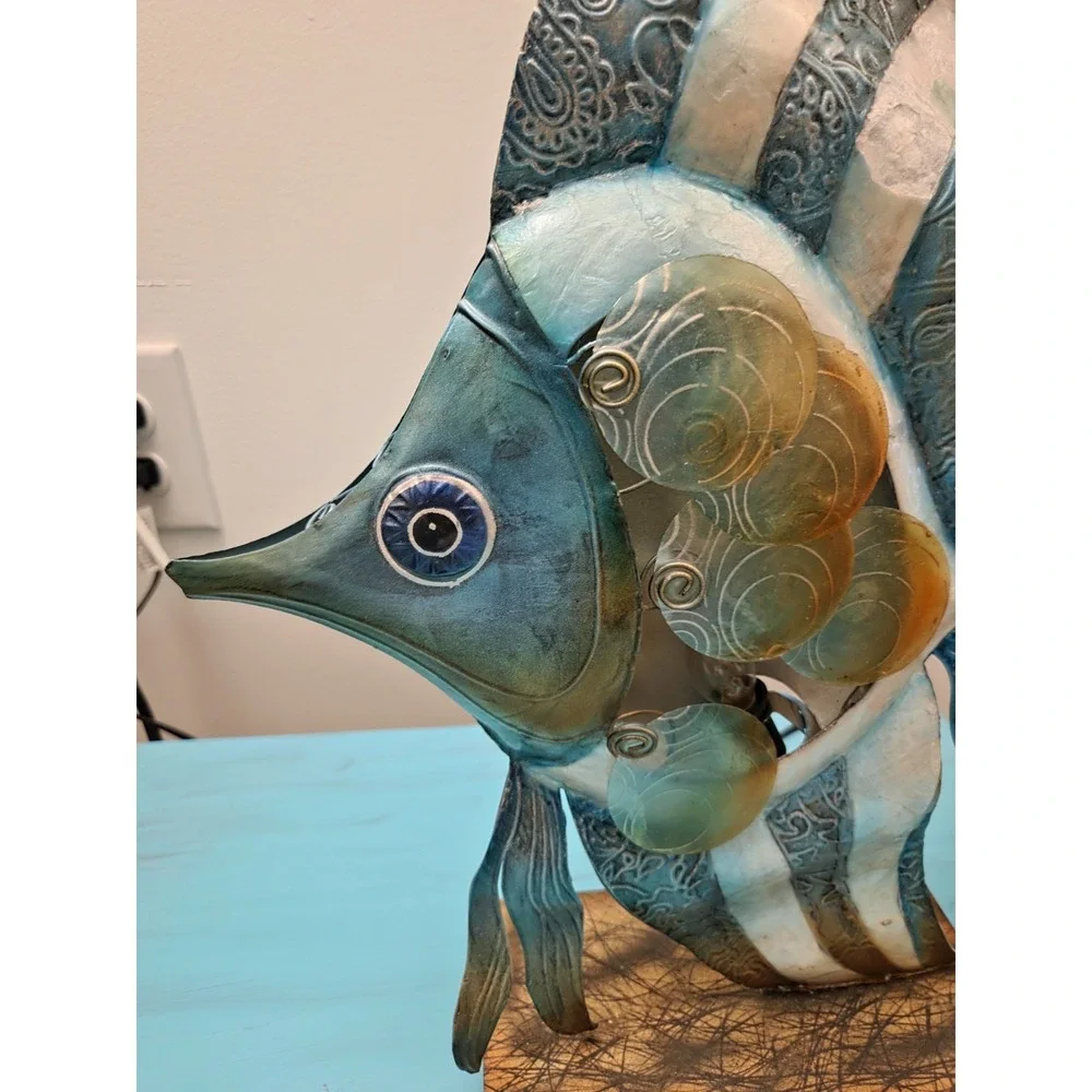 Pier 1 Imports Metal Fish Lamp Capiz Shell‎ Coastal Nautical Accent Light